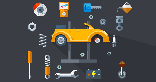 Illustration of a car & many parts.